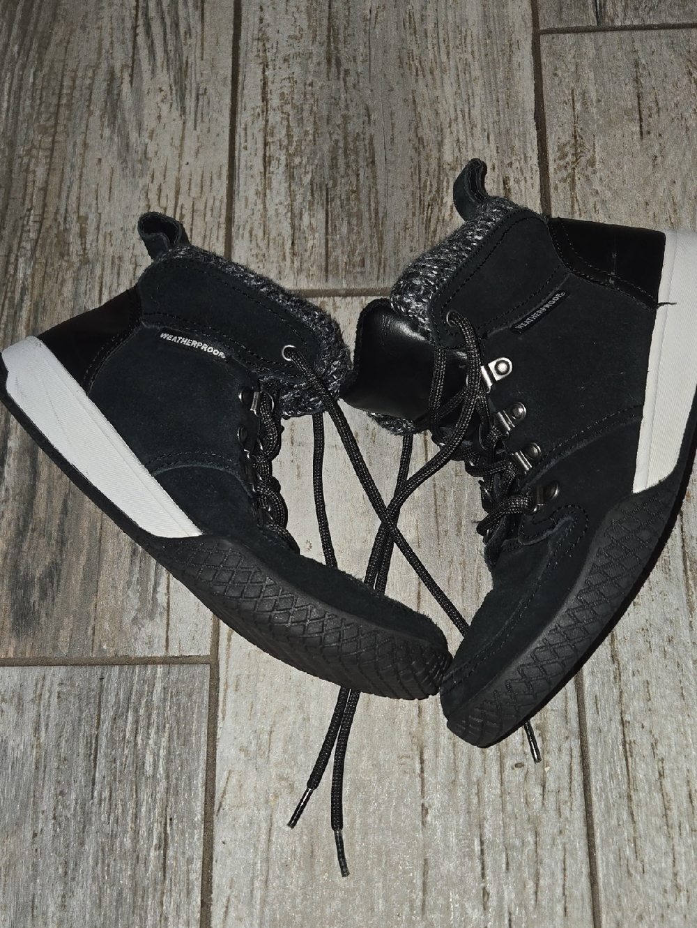 Weatherproof Black Knit Collar Wedge Sneaker Boots